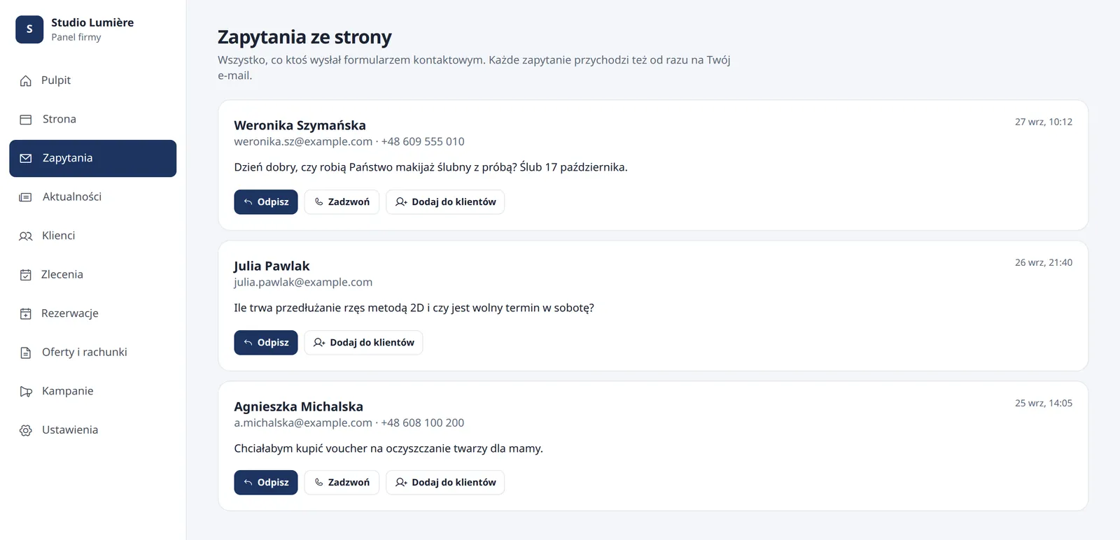 Lista zapytań ze strony z przyciskami Odpisz, Zadzwoń i Dodaj do klientów